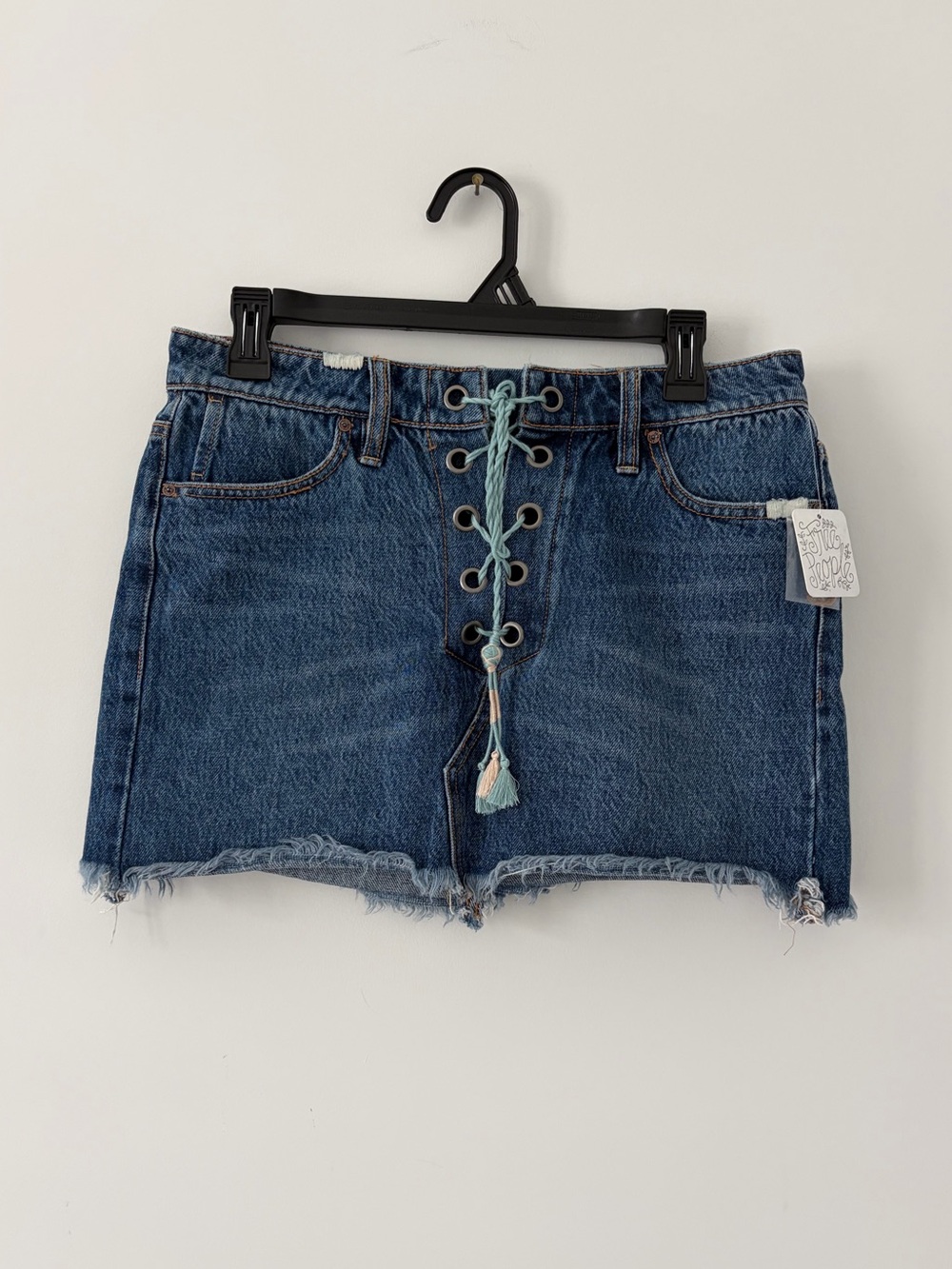 Free People Blue Denim Mini Skirt Lace Up Tie Raw Hem Jean Y2K 90s NWT 27
